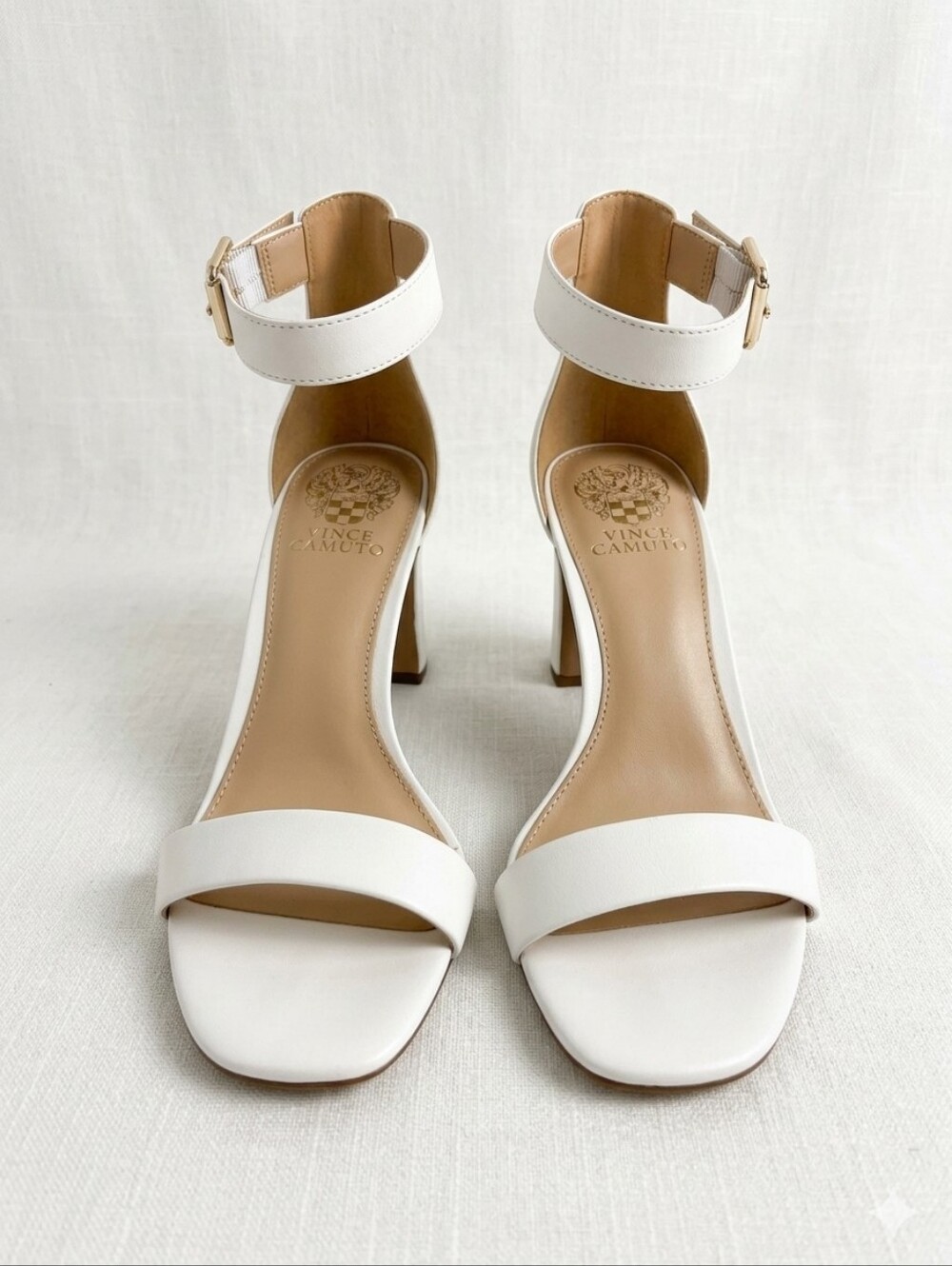 Vince Camuto White Ankle-Strap Block Heel Sandals